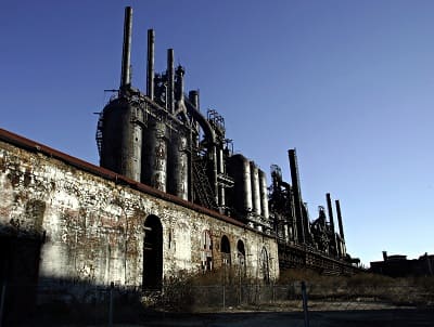 Abandoned blast furnace facility representing potential steel industry decline from decarbonisation failure