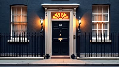 10 Downing Street at night — the seat of UK government decisions on steel nationalisation and industrial ownership