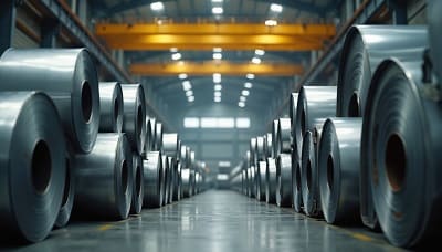 Rolled steel coils stored in rows inside a steel plant warehouse, with overhead crane rails