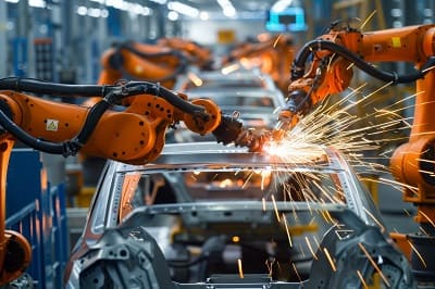 Robotic welding in Japanese automotive manufacturing demonstrating premium steel applications and technological leadership driving integrated steelmaking strategy