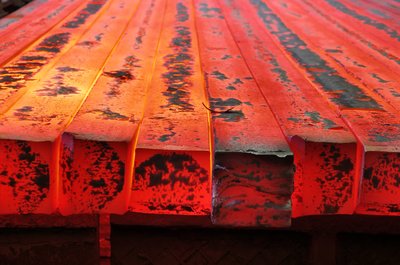 Red hot steel billets after casting