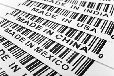 Product barcode labels showing steel made in USA, India, China, and Mexico