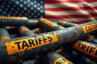 Steel tariff barriers and trade protectionism measures with American flag symbolising national security justifications