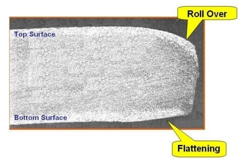 Cross section micrograph of a trimmed strip edge showing roll over on the top surface and flattening on the bottom surface