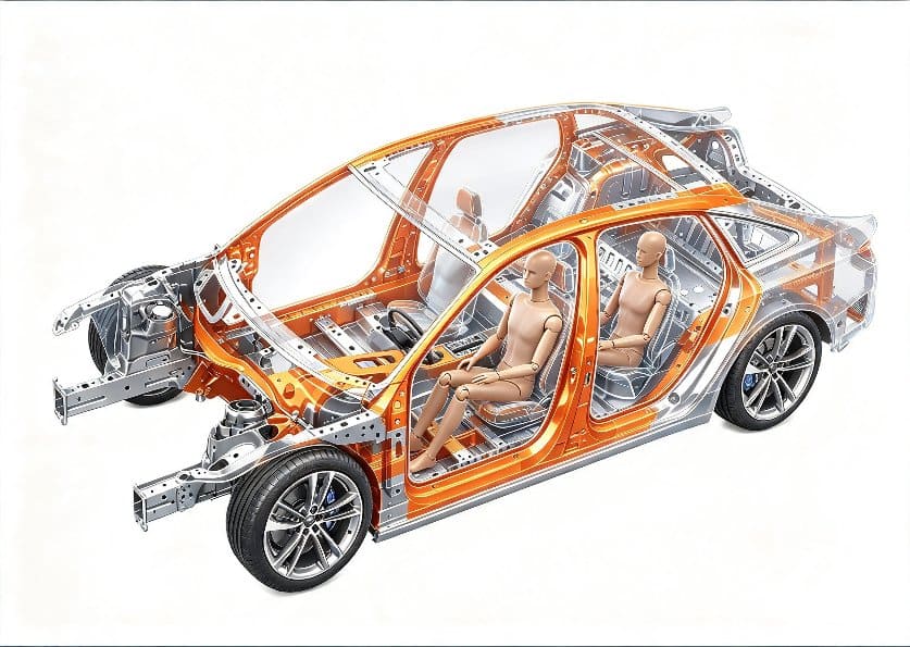 Cutaway illustration of a passenger car body structure with crash test dummies seated inside, the high-strength safety frame around the passenger compartment highlighted in orange